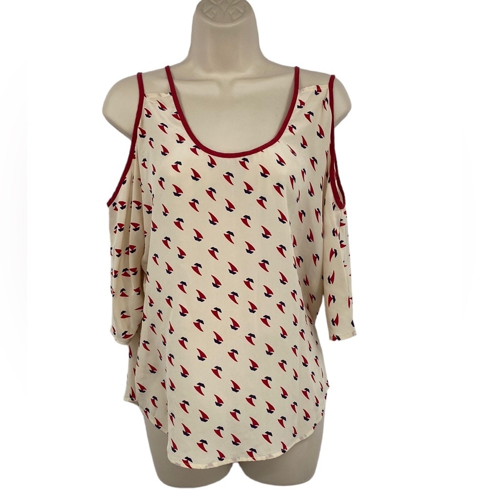 Beyond Vintage Cold‎ Shoulder Blouse Womens Size XS X-Small Cream Red Silk